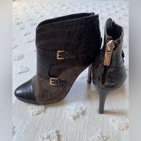 Coach Tina Brown Leather Tweed Wool Booties Croc Embossed Buckles Size 6 Heels - Picture 1 of 12
